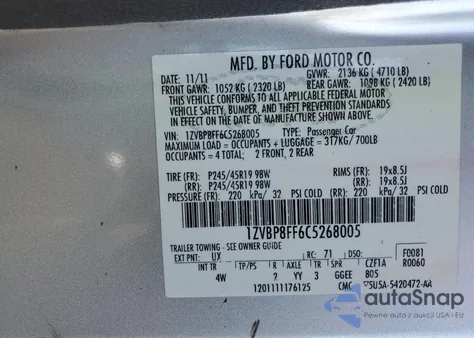 2012 Ford Mustang Gt z USA, uszkodzony, nr VIN 1ZVBP8FF6C5268005